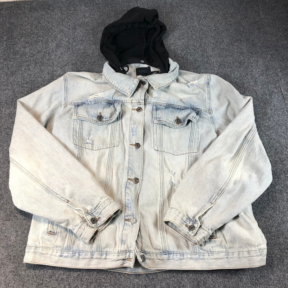 Risen Distressed Light Wash Denim Jacket Black Hoodie 3XL Layered Look